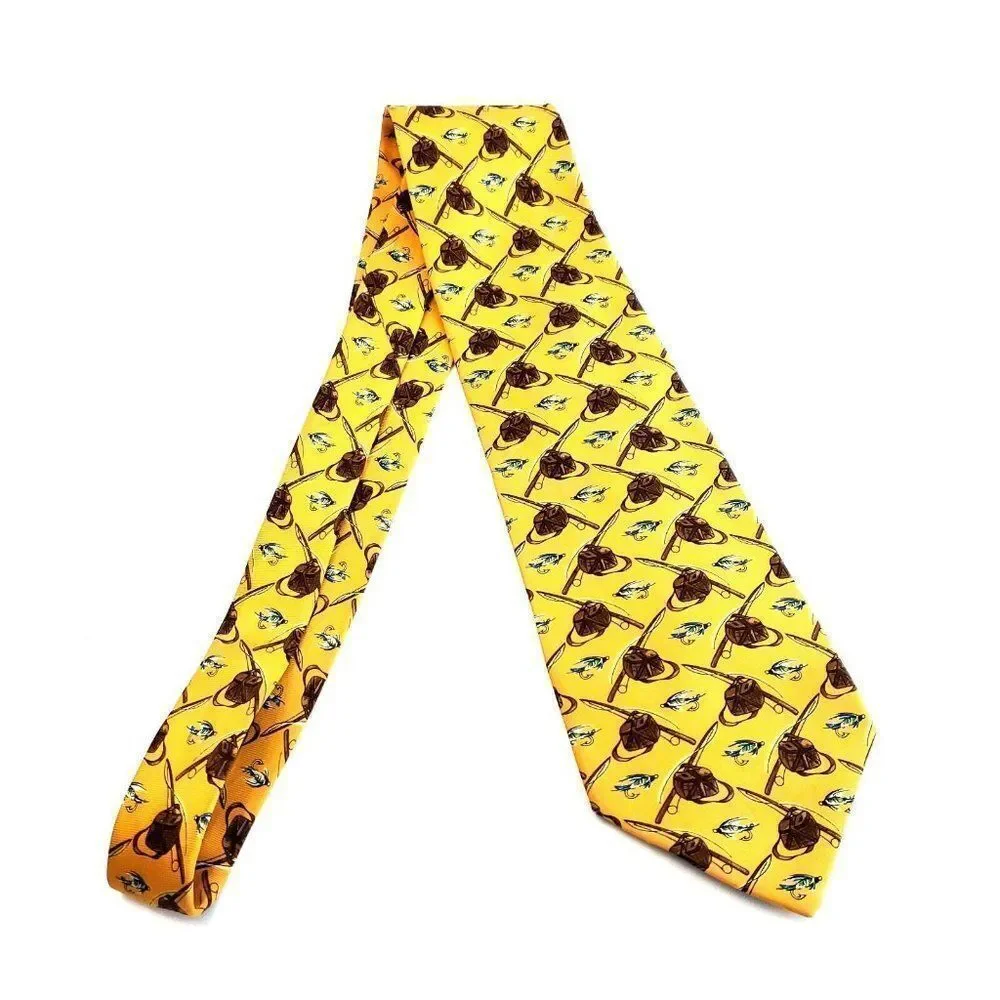 Banana Republic Fly Fishing Print Yellow Wide‎ Silk Tie